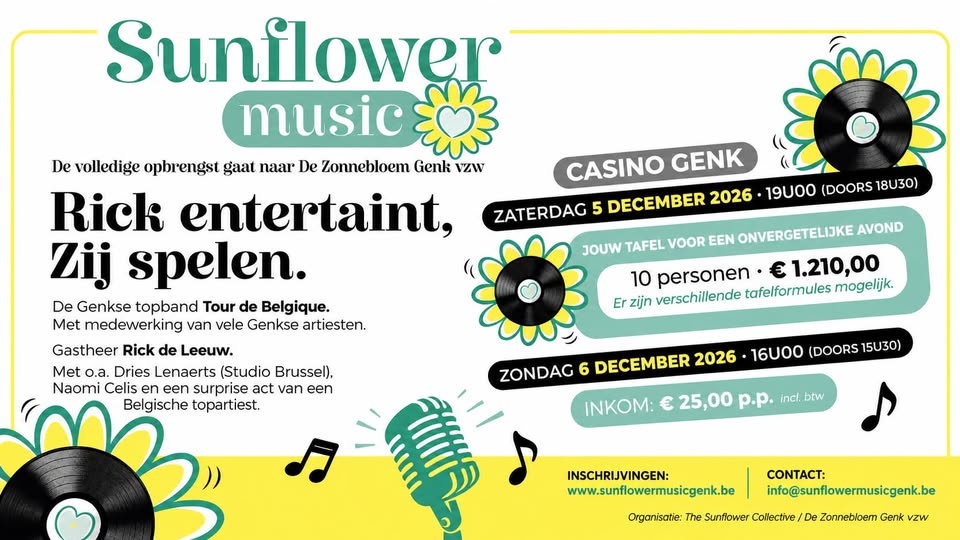 Affiche Sunflower Music, benefietevenement ten voordele van De Zonnebloem Genk op 5 en 6 december 2026